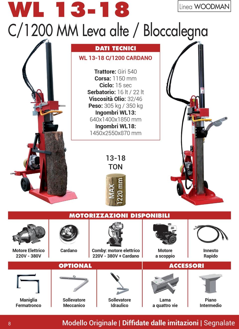 WOODMAN 13-18 TON 1220 mm Elettrico 220V - 380V OPTIONAL Comby: motore elettrico 220V - 380V + Innesto Rapido Maniglia Fermatronco