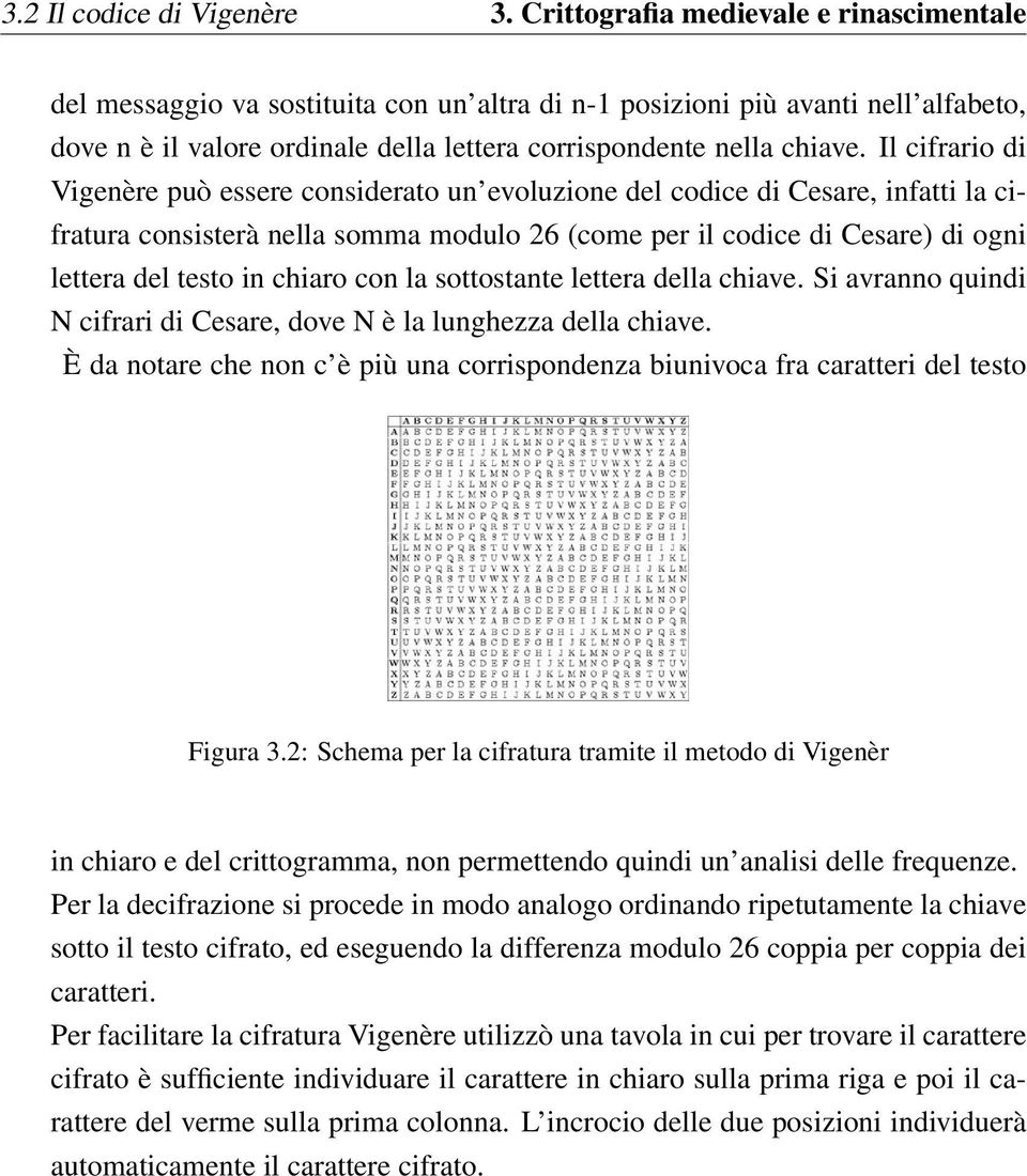 Il cifrario di Vigenère può essere considerato un evoluzione del codice di Cesare, infatti la cifratura consisterà nella somma modulo 26 (come per il codice di Cesare) di ogni lettera del testo in