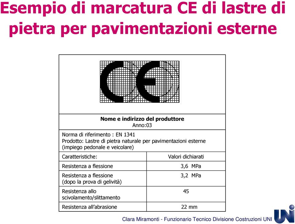 Resistenza all abrasione Nome e indirizzo del produttore Anno:03 Norma di riferimento : EN 1341 Prodotto: