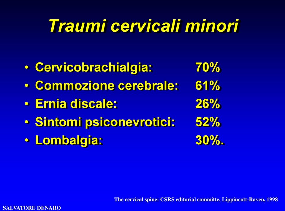 Sintomi psiconevrotici: 52% Lombalgia: 30%.