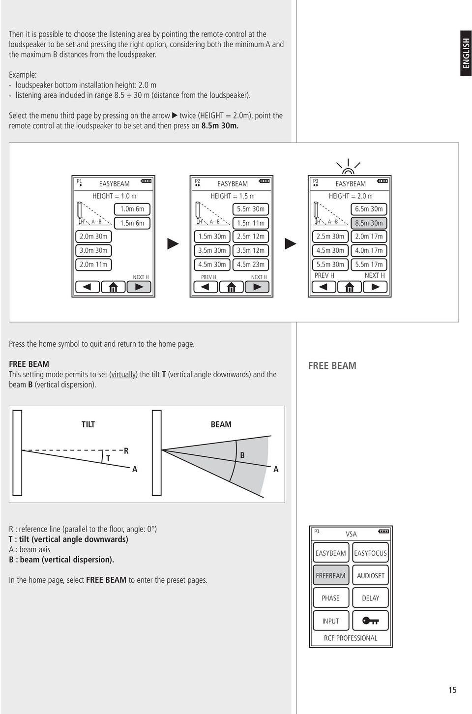 ENGLISH Select the menu third page by pressing on the arrow twice (HEIGHT = 2.0m), point the remote control at the loudspeaker to be set and then press on 8.5m 30m. P2 HEIGHT = 1.0 m HEIGHT = 1.5 m 1.