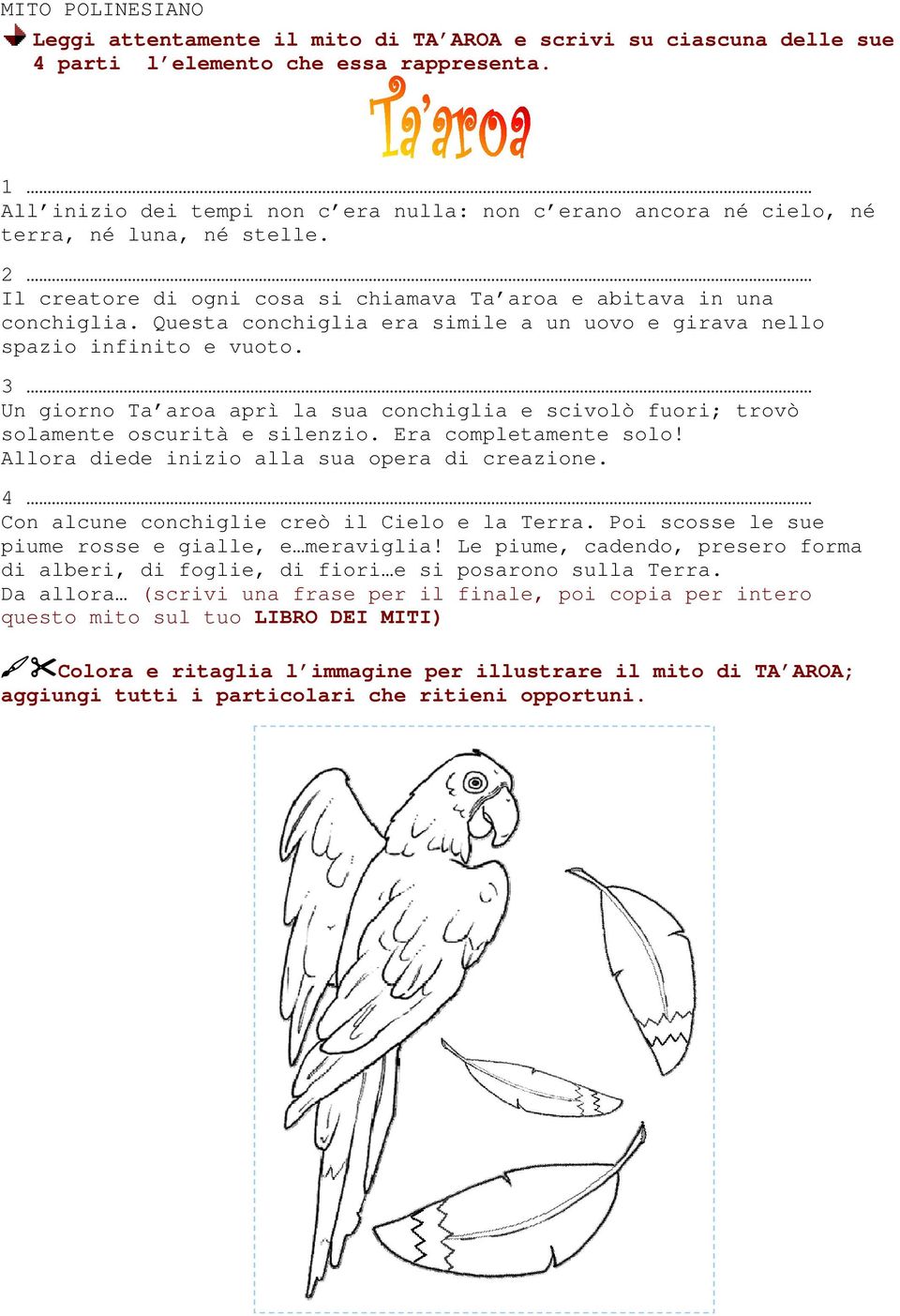 Questa conchiglia era simile a un uovo e girava nello spazio infinito e vuoto. 3 Un giorno Ta aroa aprì la sua conchiglia e scivolò fuori; trovò solamente oscurità e silenzio. Era completamente solo!