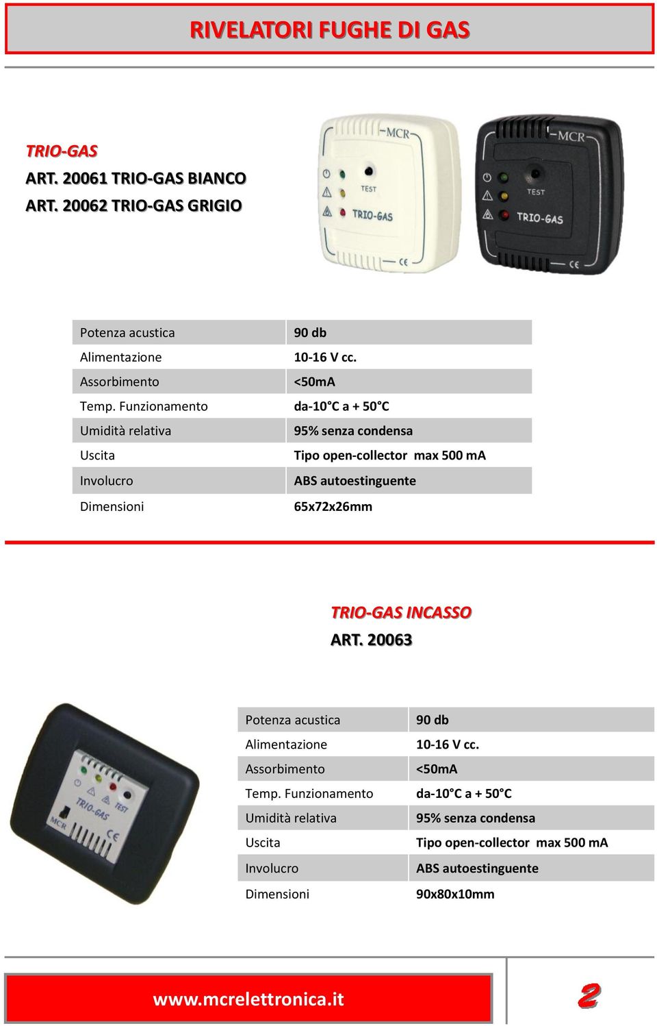 Funzionamento da-10 C a + 50 C Umidità relativa 95% senza condensa Uscita Tipo open-collector max 500 ma Involucro Dimensioni ABS