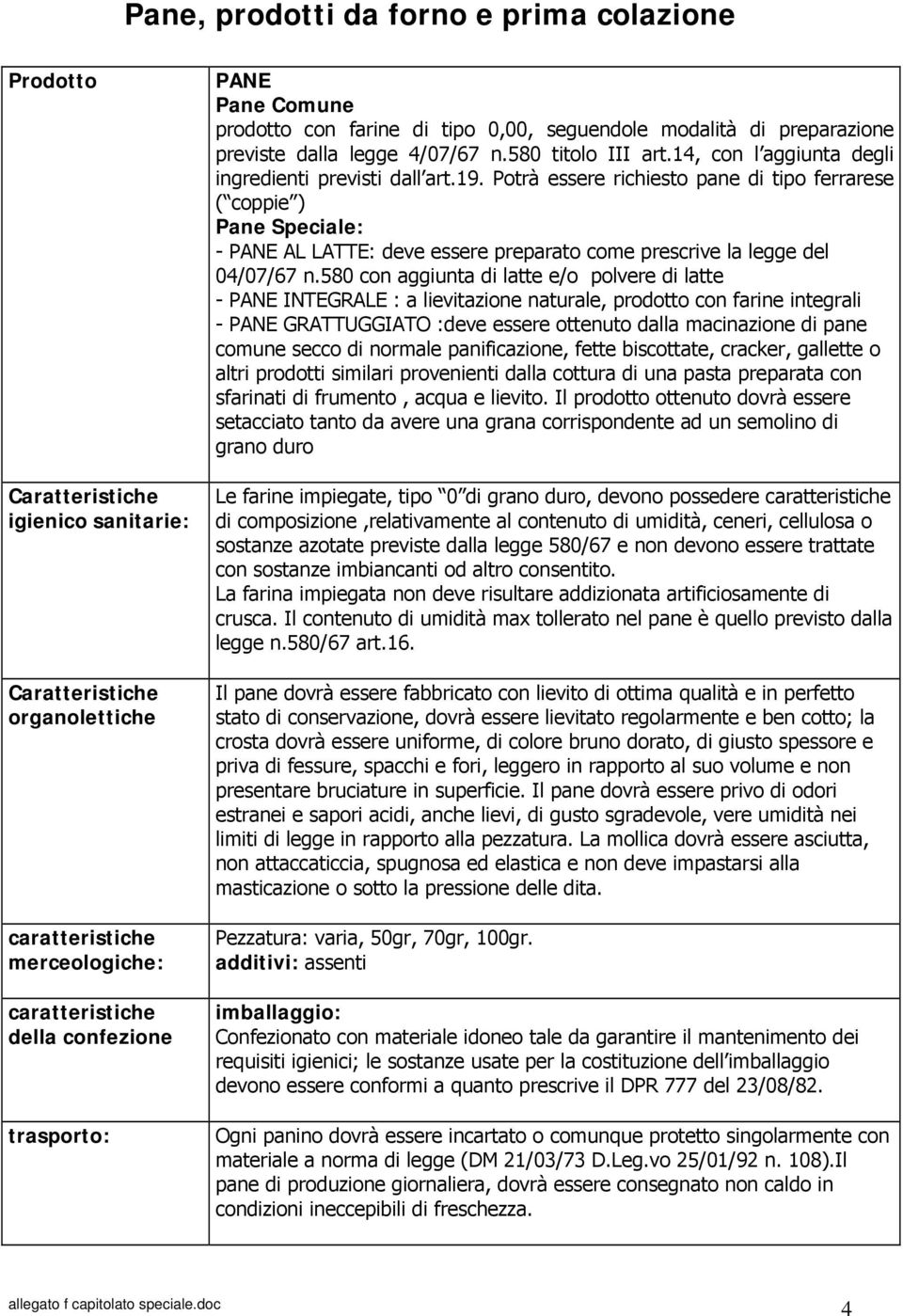 Potrà essere richiesto pane di tipo ferrarese ( coppie ) Pane Speciale: - PANE AL LATTE: deve essere preparato come prescrive la legge del 04/07/67 n.