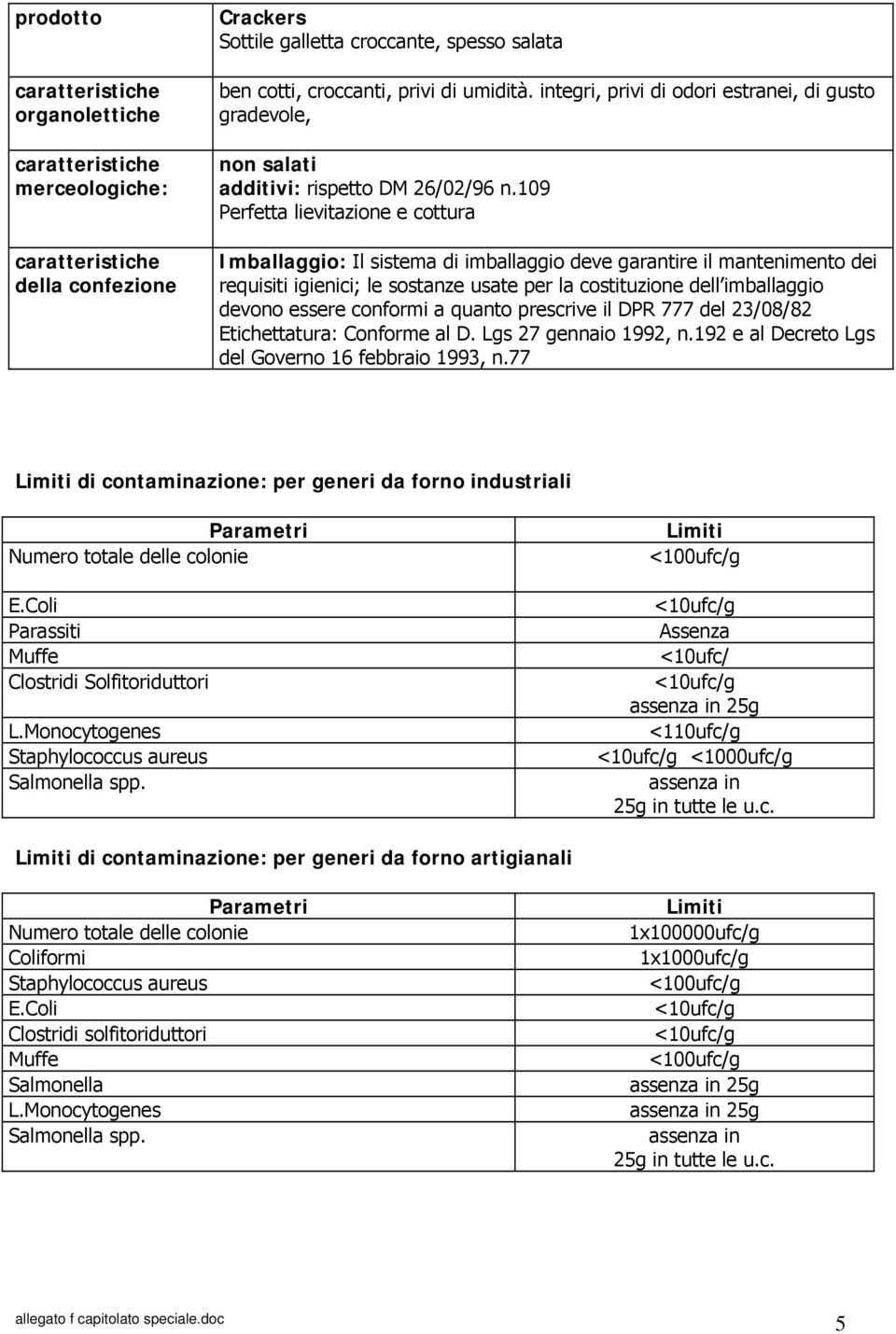 109 Perfetta lievitazione e cottura Imballaggio: Il sistema di imballaggio deve garantire il mantenimento dei requisiti igienici; le sostanze usate per la costituzione dell imballaggio devono essere