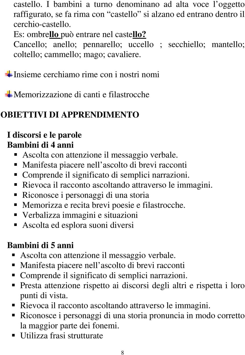 Insieme cerchiamo rime con i nostri nomi Memorizzazione di canti e filastrocche OBIETTIVI DI APPRENDIMENTO I discorsi e le parole Bambini di 4 anni Ascolta con attenzione il messaggio verbale.