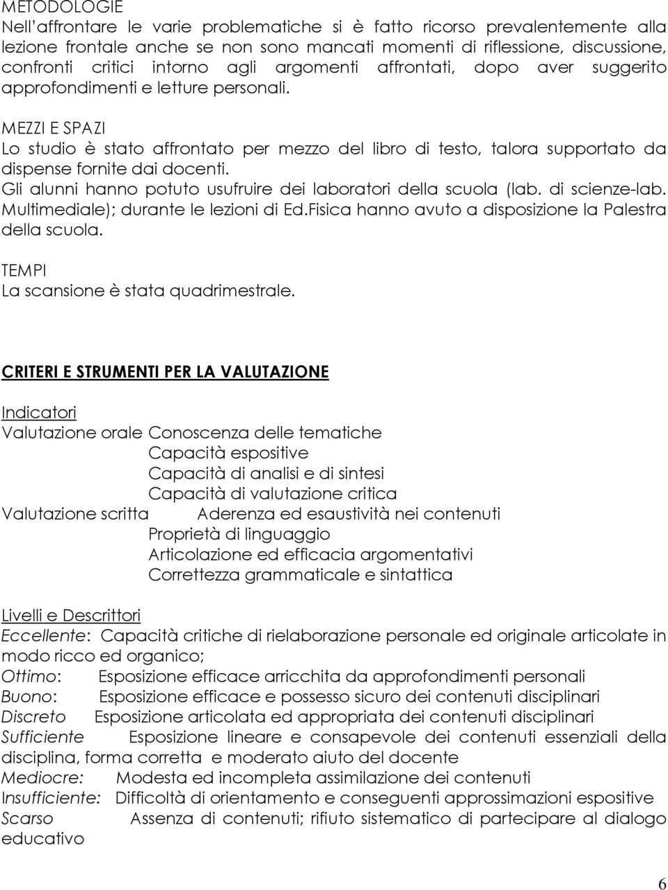 MEZZI E SPAZI Lo studio è stato affrontato per mezzo del libro di testo, talora supportato da dispense fornite dai docenti. Gli alunni hanno potuto usufruire dei laboratori della scuola (lab.