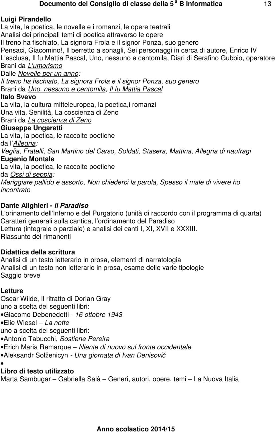 , Il berretto a sonagli, Sei personaggi in cerca di autore, Enrico IV L'esclusa, Il fu Mattia Pascal, Uno, nessuno e centomila, Diari di Serafino Gubbio, operatore Brani da L'umorismo Dalle Novelle