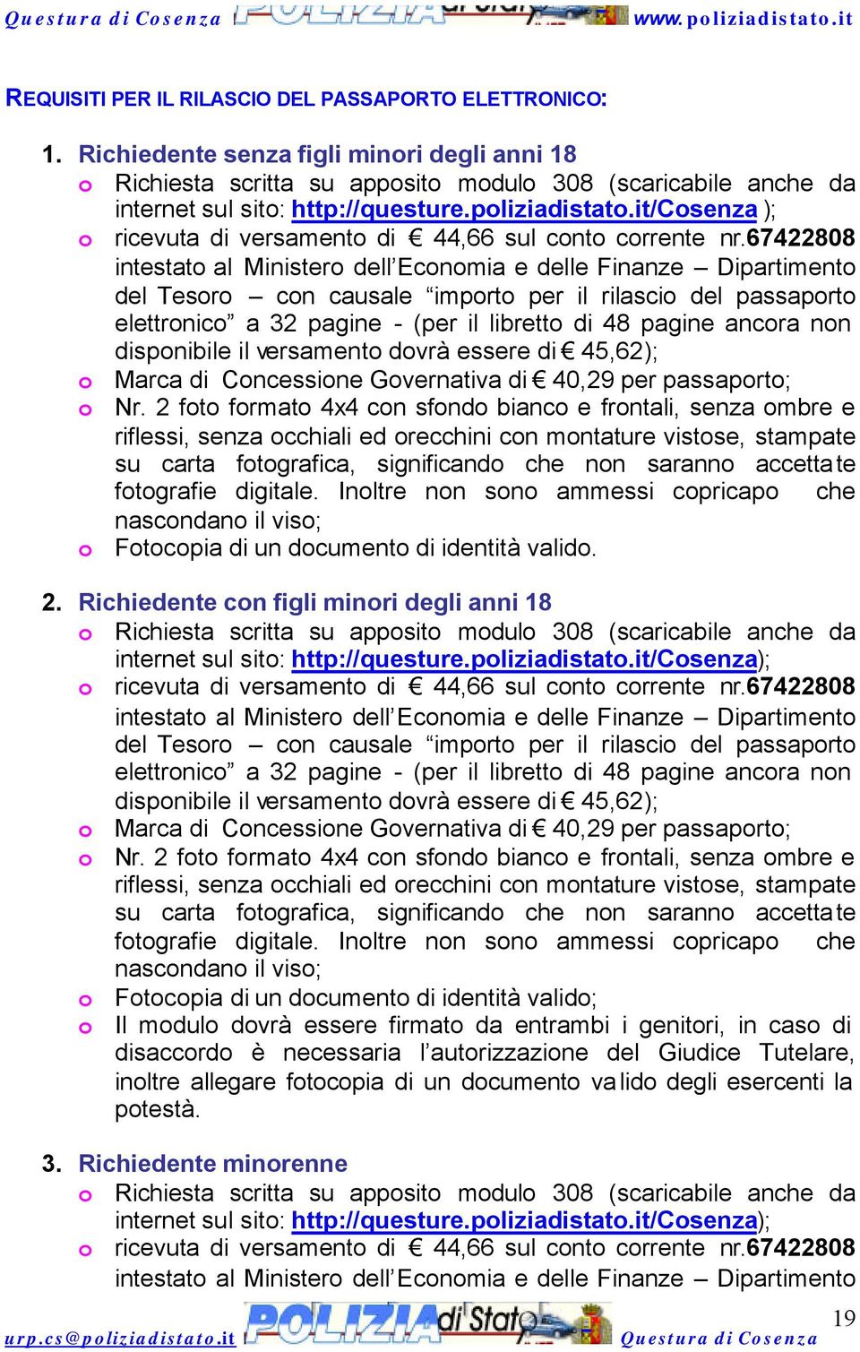 it/cosenza ); o ricevuta di versamento di 44,66 sul conto corrente nr.