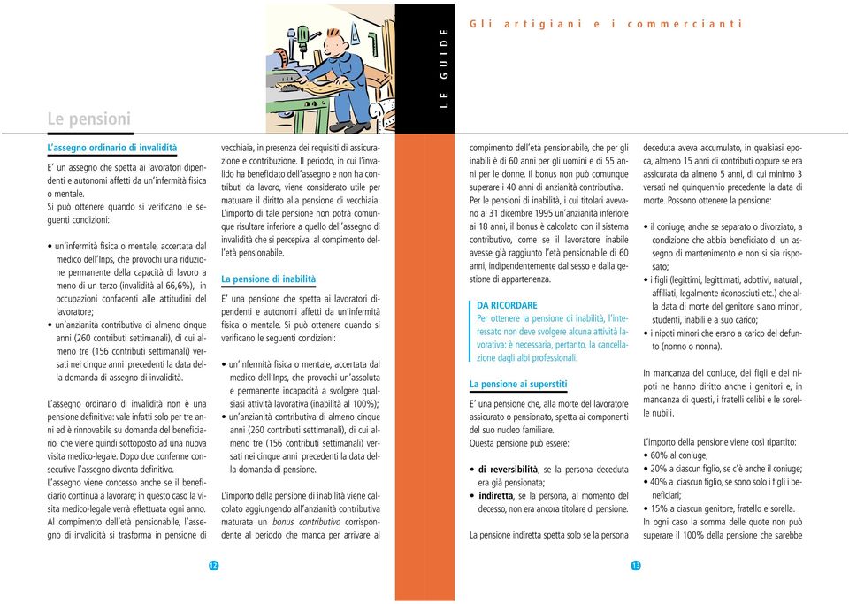 terzo (invalidità al 66,6%), in occupazioni confacenti alle attitudini del lavoratore; un anzianità contributiva di almeno cinque anni (260 contributi settimanali), di cui almeno tre (156 contributi