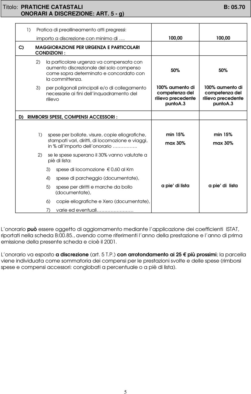 committenza. 3) per poligonali principali e/o di collegamento necessarie ai fini dell inquadramento del rilievo 50% 100% aumento di competenza del rilievo precedente puntoa.