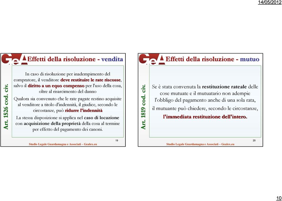 Effetti della risoluzione - vendita Effetti della risoluzione - mutuo In caso di risoluzione per inadempimento del compratore, il venditore deve restituire le rate riscosse, salvo il diritto a un