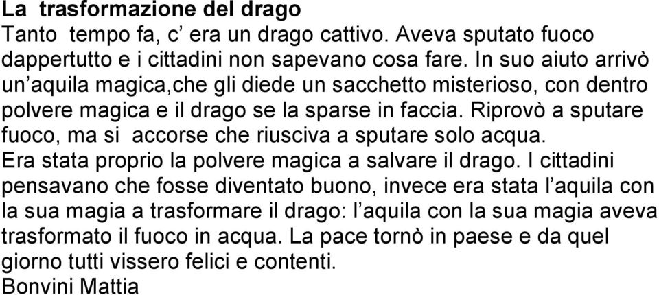 Riprovò a sputare fuoco, ma si accorse che riusciva a sputare solo acqua. Era stata proprio la polvere magica a salvare il drago.