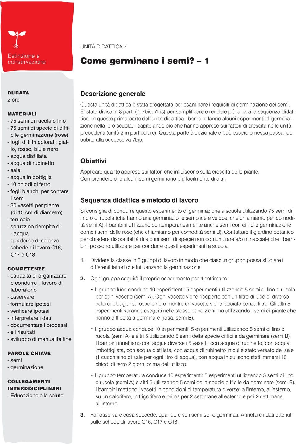 - sale - acqua in bottiglia - 10 chiodi di ferro - fogli bianchi per contare i semi - 30 vasetti per piante (di 15 cm di diametro) - terriccio - spruzzino riempito d - acqua - quaderno di scienze -