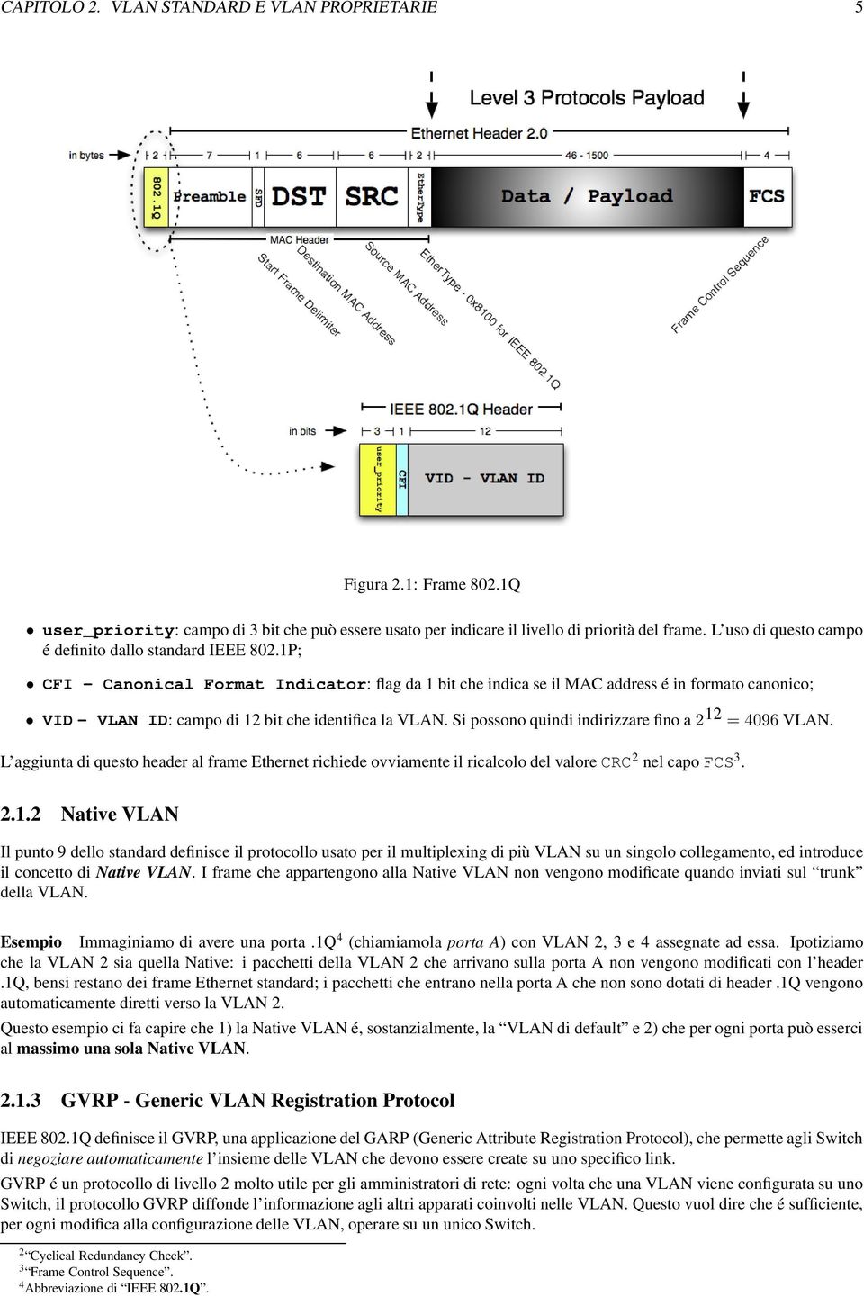 1P; CFI - Canonical Format Indicator: flag da 1 bit che indica se il MAC address é in formato canonico; VID - VLAN ID: campo di 12 bit che identifica la VLAN.