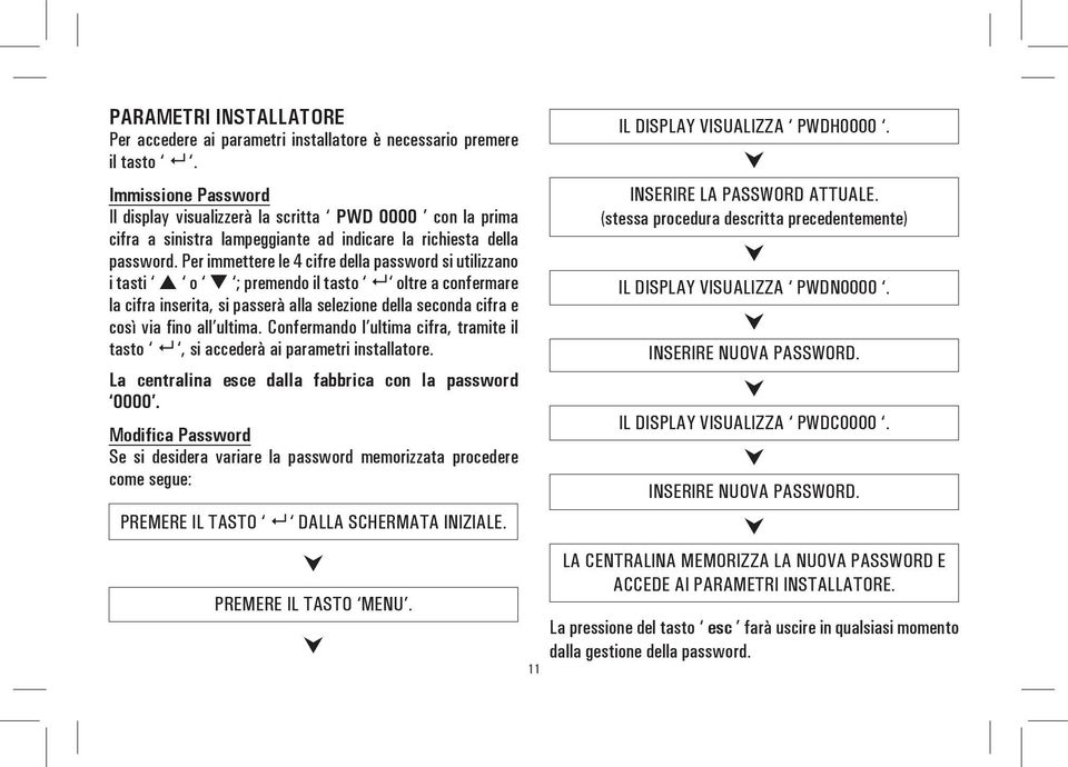 Per immettere le 4 cifre della password si utilizzano i tasti o ; premendo il tasto oltre a confermare la cifra inserita, si passerà alla selezione della seconda cifra e così via fino all ultima.