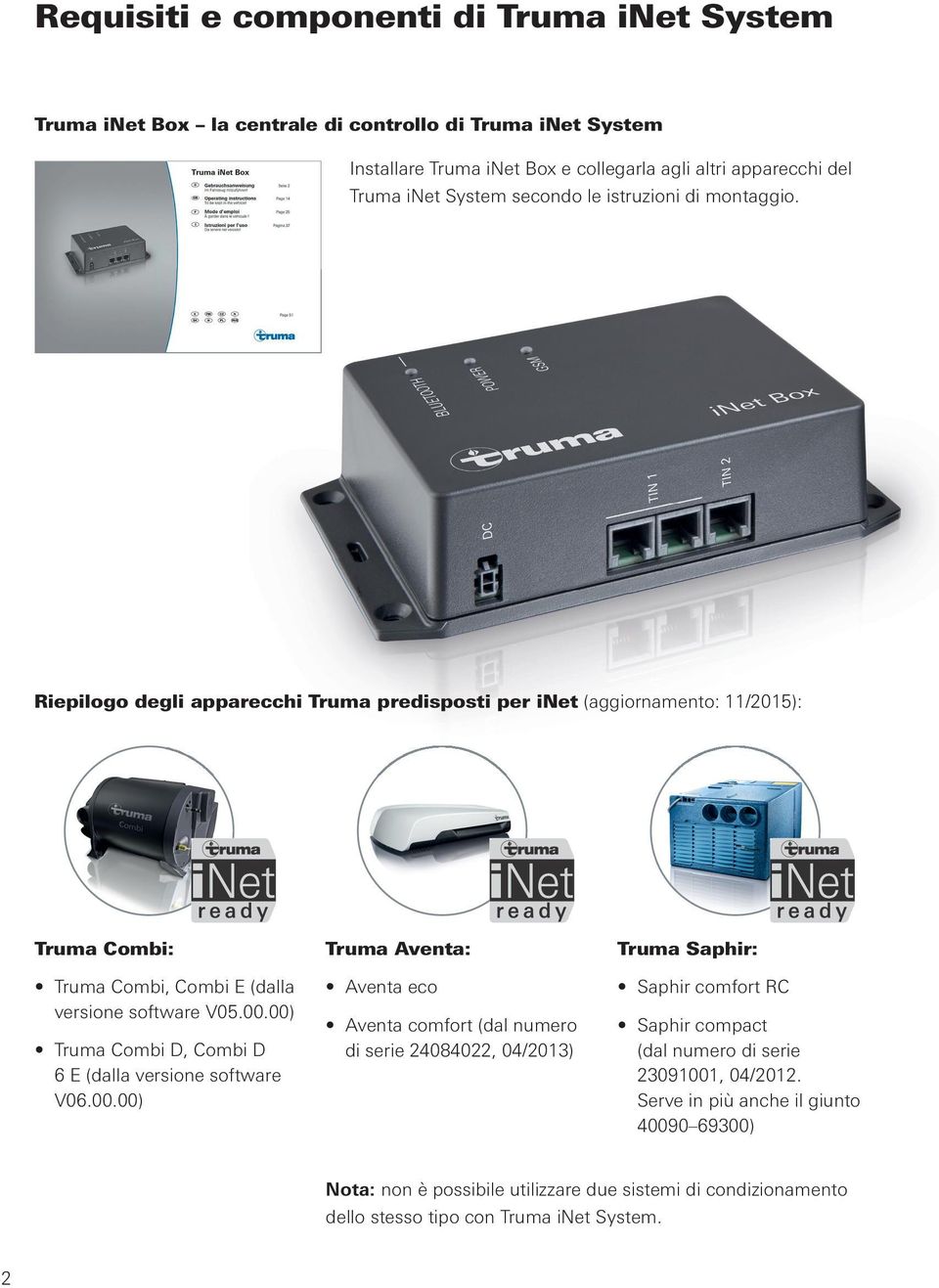 00) Truma Combi D, Combi D 6 E (dalla versione software V06.00.00) Truma Aventa: Aventa eco Aventa comfort (dal numero di serie 24084022, 04/2013) Truma Saphir: Saphir comfort RC Saphir compact (dal numero di serie 23091001, 04/2012.