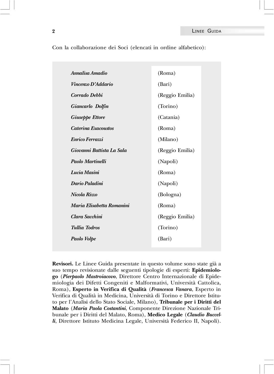 (Roma) (Milano) (Reggio Emilia) (Napoli) (Roma) (Napoli) (Bologna) (Roma) (Reggio Emilia) (Torino) (Bari) Revisori.