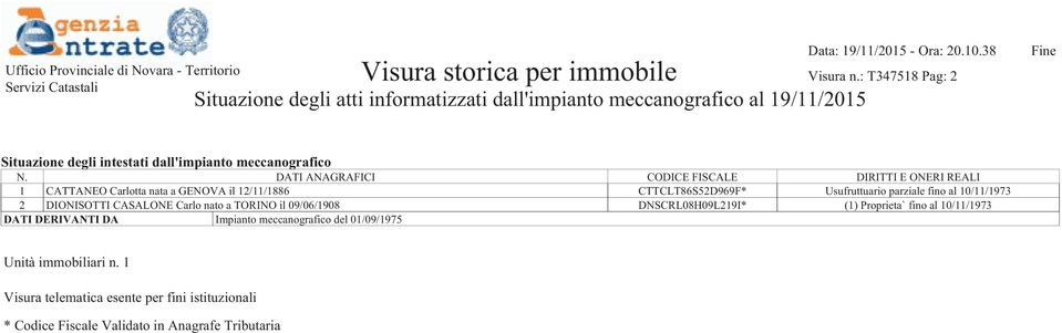 CTTCLT86S52D969F* Usufruttuario parziale fino al 10/11/1973 2 DIONISOTTI CASALONE Carlo nato a TORINO il 09/06/1908