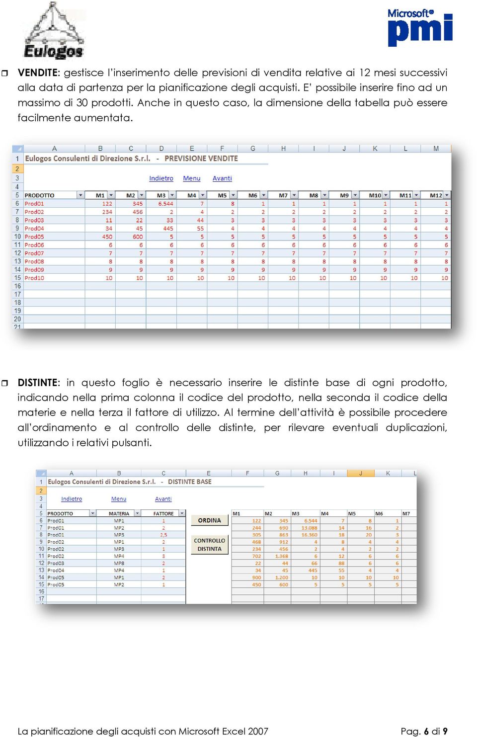 DISTINTE: in questo foglio è necessario inserire le distinte base di ogni prodotto, indicando nella prima colonna il codice del prodotto, nella seconda il codice della materie e nella