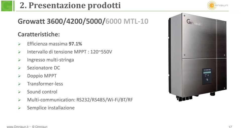 1% Intervallo di tensione MPPT : 120~550V Ingresso multi-stringa