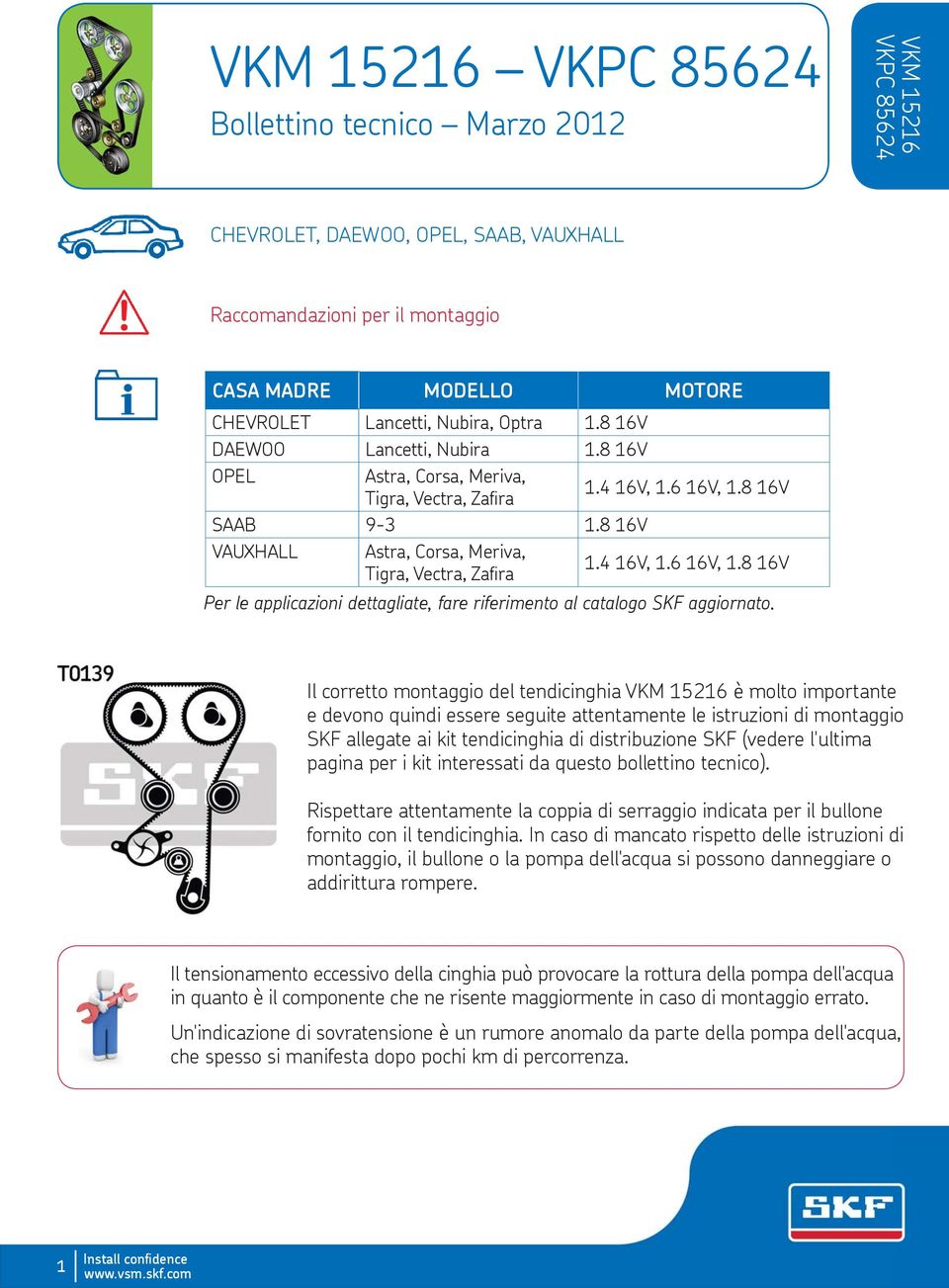 4 16V, 1.6 16V, 1.8 16V Per le applicazioni dettagliate, fare riferimento al catalogo SKF aggiornato.