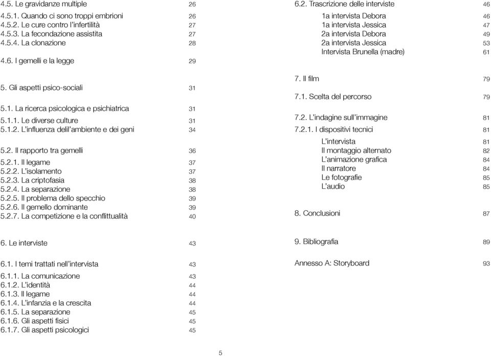 2.2. L isolamento 37 5.2.3. La criptofasia 38 5.2.4. La separazione 38 5.2.5. Il problema dello specchio 39 5.2.6. Il gemello dominante 39 5.2.7. La competizione e la conflittualità 40 6.2. Trascrizione delle interviste 46 1a intervista Debora 46 1a intervista Jessica 47 2a intervista Debora 49 2a intervista Jessica 53 Intervista Brunella (madre) 61 7.
