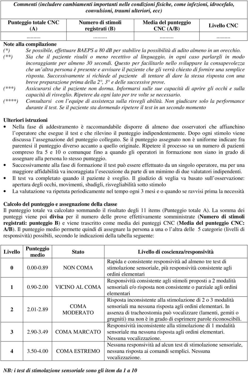 (**) Sia che il paziente risulti o meno recettivo al linguaggio, in ogni caso parlargli in modo incoraggiante per almeno secondi.