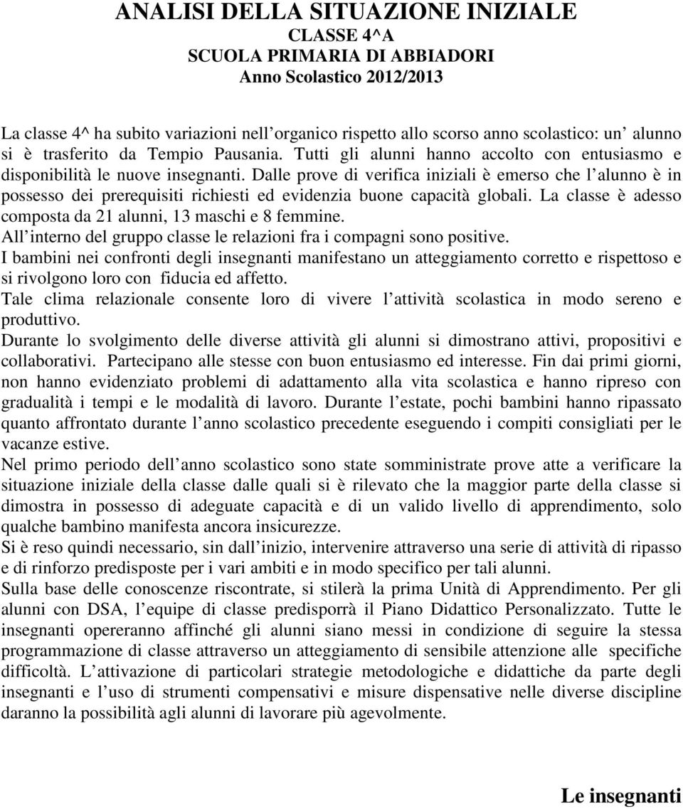 Dalle prove di verifica iniziali è emerso che l alunno è in possesso dei prerequisiti richiesti ed evidenzia buone capacità globali. La classe è adesso composta da 21 alunni, 13 maschi e 8 femmine.