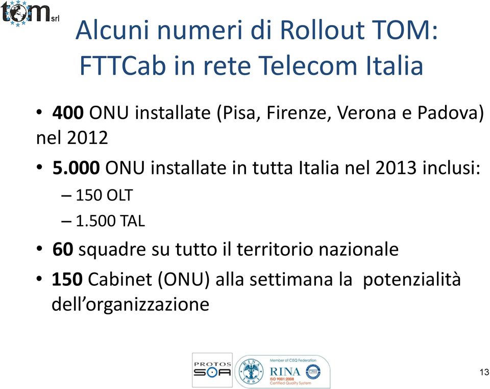 000 ONU installate in tutta Italia nel 2013 inclusi: 150 OLT 1.