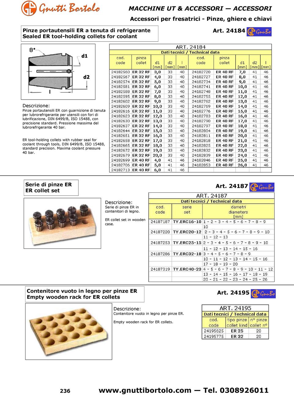 Pressione massima del lubrorefrigerante 40 bar. ER tool-holding collets with rubber seal for coolant through tools, DIN 6499/B, ISO 15488, standard precision. Maxima coolant pressure 40 bar.