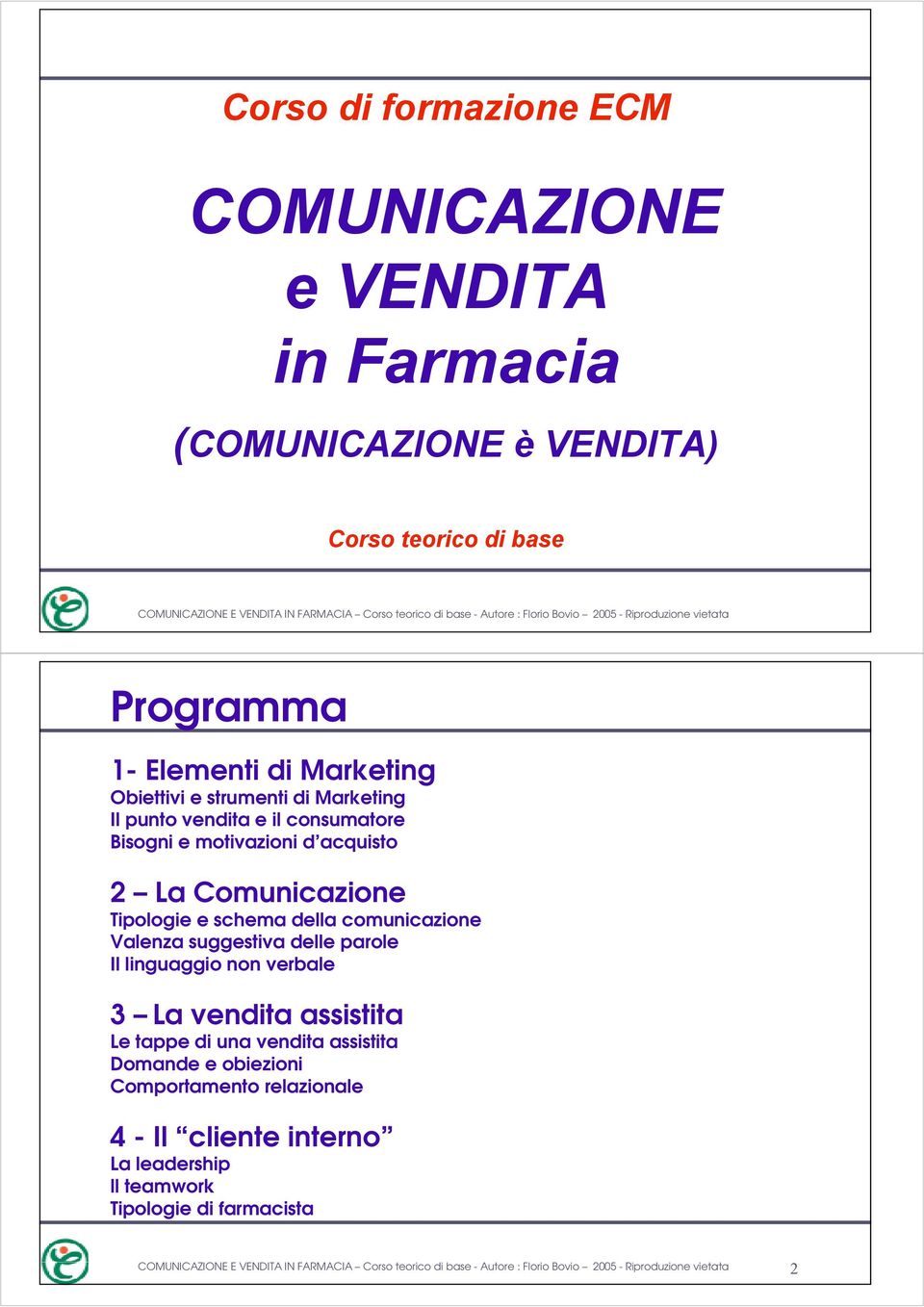 Tipologie e schema della comunicazione Valenza suggestiva delle parole Il linguaggio non verbale 3 La vendita assistita Le tappe di una vendita assistita Domande e obiezioni Comportamento