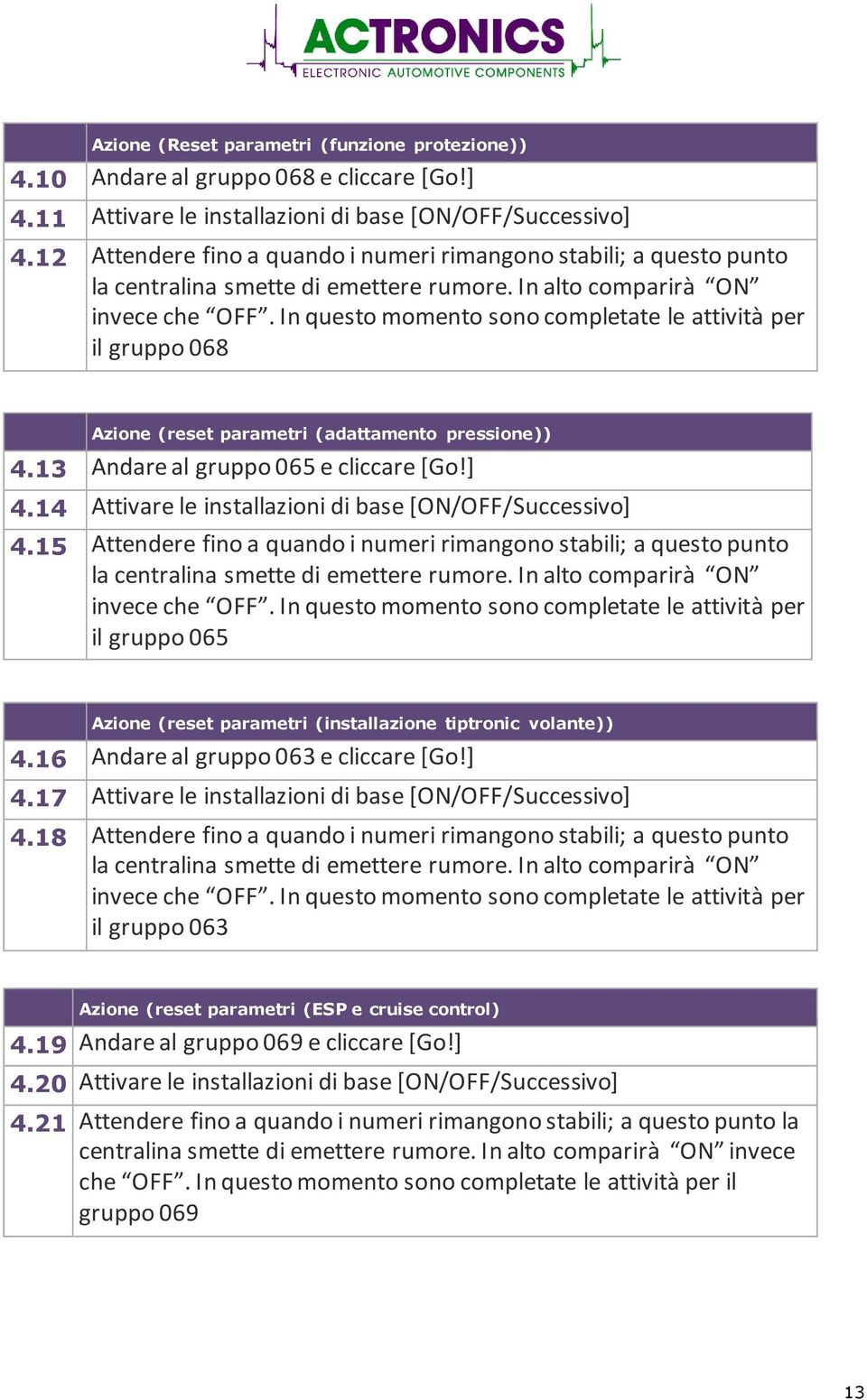 In questo momento sono completate le attività per il gruppo 068 (reset parametri (adattamento pressione)) 4.13 Andare al gruppo 065 e cliccare [Go!] 4.