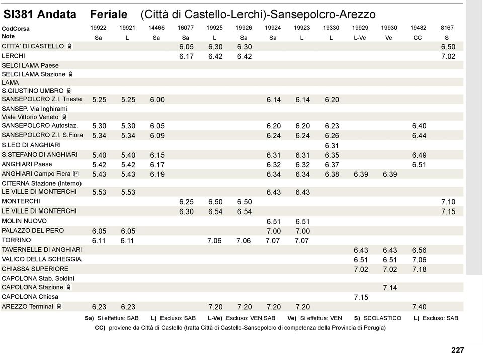 Via Inghirami Viale Vittorio Veneto SANSEPOLCRO Autostaz. 5.30 5.30 6.05 6.20 6.20 6.23 6.40 SANSEPOLCRO Z.I. S.Fiora 5.34 5.34 6.09 6.24 6.24 6.26 6.44 S.LEO DI ANGHIARI 6.31 S.STEFANO DI ANGHIARI 5.
