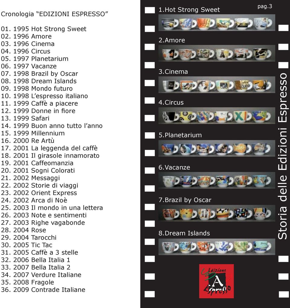 2000 Re Artù 17. 2001 La leggenda del caffè 18. 2001 Il girasole innamorato 19. 2001 Caffeomanzia 20. 2001 Sogni Colorati 21. 2002 Messaggi 22. 2002 Storie di viaggi 23. 2002 Orient Express 24.