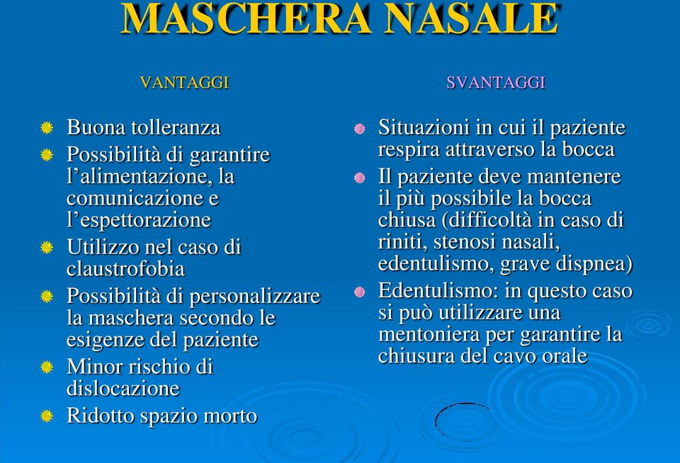 SVANTAGGI Situazioni in cui il paziente respira attraverso la bocca Il paziente deve mantenere il più possibile la bocca chiusa (difficoltà in