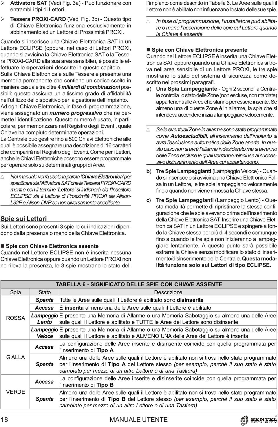 impianto come descritto in Tabella 6. Le Aree sulle quali il Lettore non è abilitato non influenzano lo stato delle sue spie. Tessera PROXI-AR (Vedi Fig.