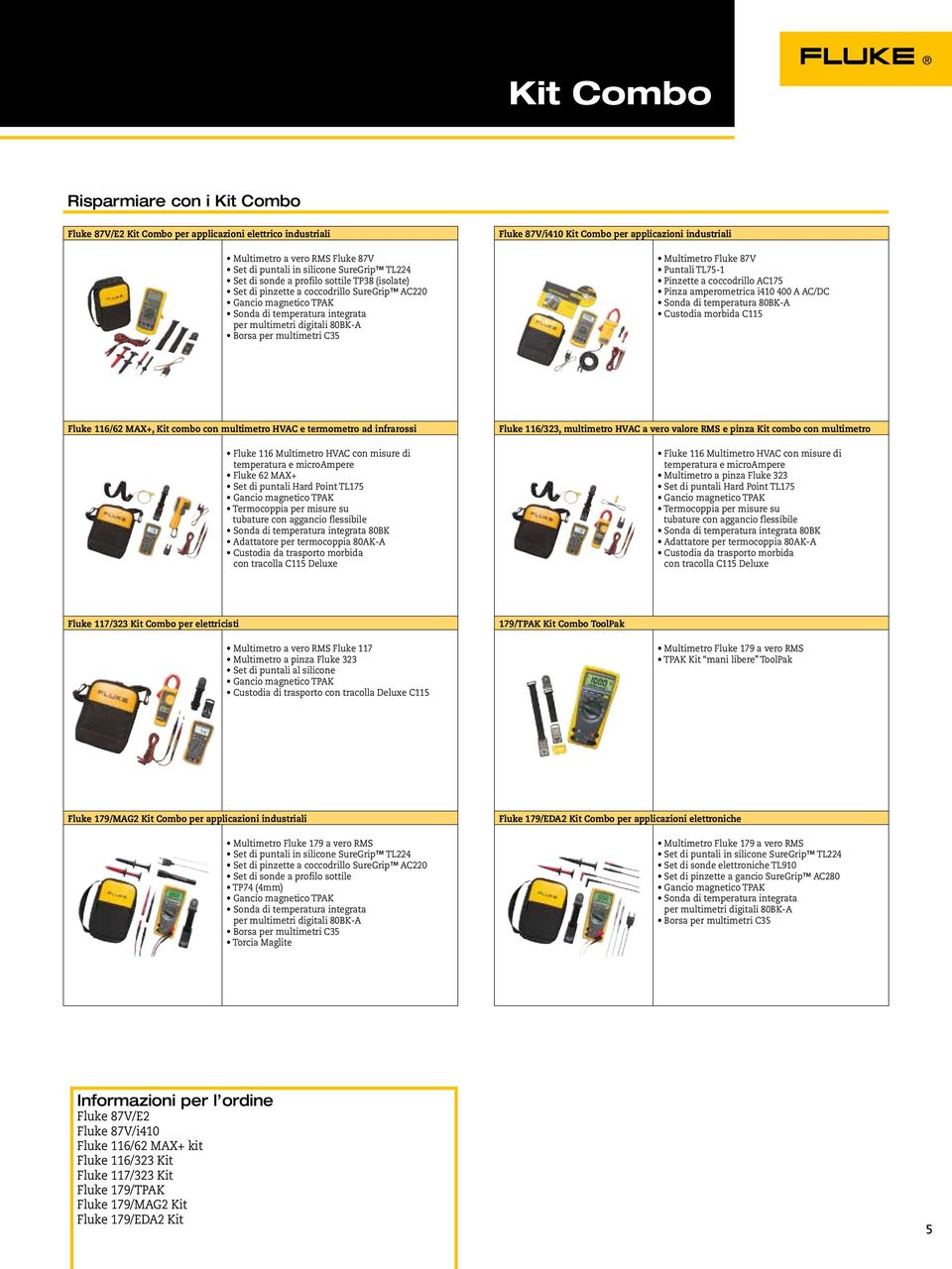 Combo per applicazioni industriali Multimetro Fluke 87V Puntali TL75-1 Pinzette a coccodrillo AC175 Pinza amperometrica i410 400 A AC/DC Sonda di temperatura 80BK-A Custodia morbida C115 Fluke 116/62