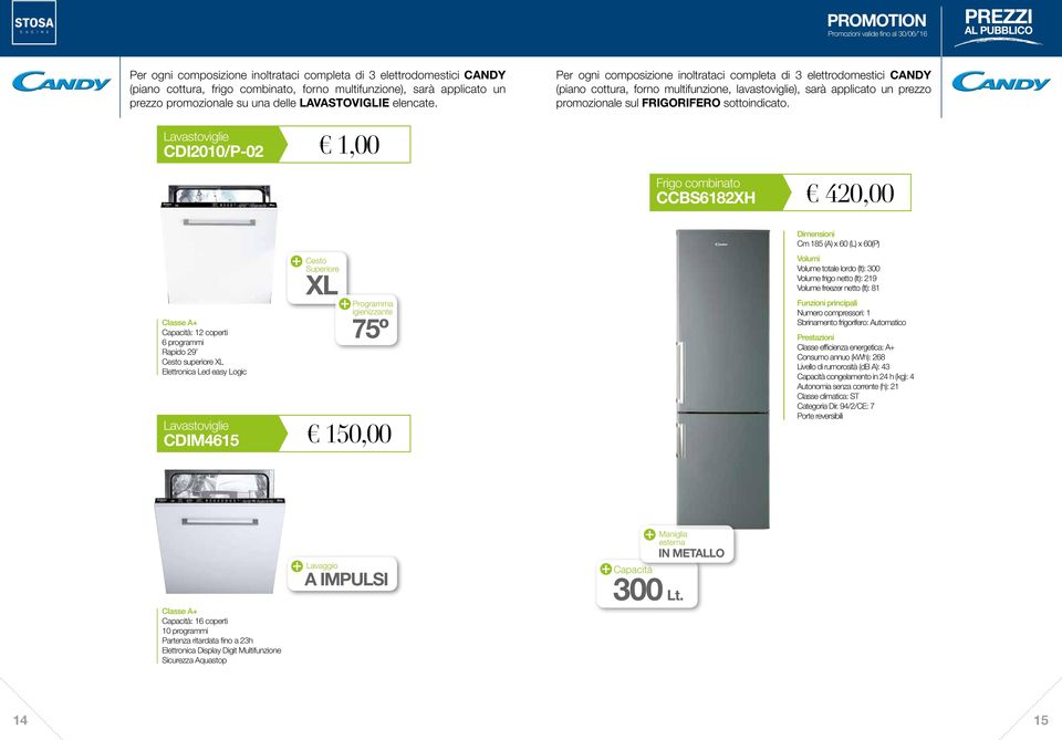 Lavastoviglie CDI2010/P-02 1,00 Frigo combinato CCBS6182XH 420,00 Classe A+ Capacità: 12 coperti 6 programmi Rapido 29 Cesto superiore XL Elettronica Led easy Logic Lavastoviglie CDIM4615 Cesto