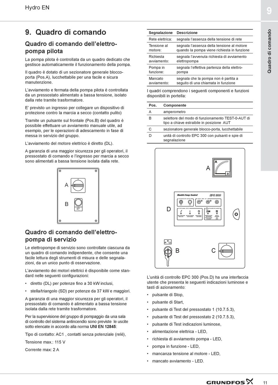 L avviamento e fermata della pompa pilota è controllata da un pressostato alimentato a bassa tensione, isolato dalla rete tramite trasformatore.