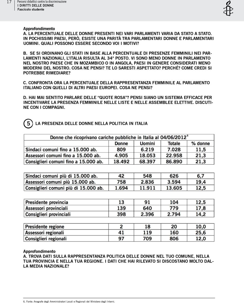 Se si ordinano gli Stati in base alla percentuale di presenze femminili nei parlamenti nazionali, l Italia risulta al 34 posto.