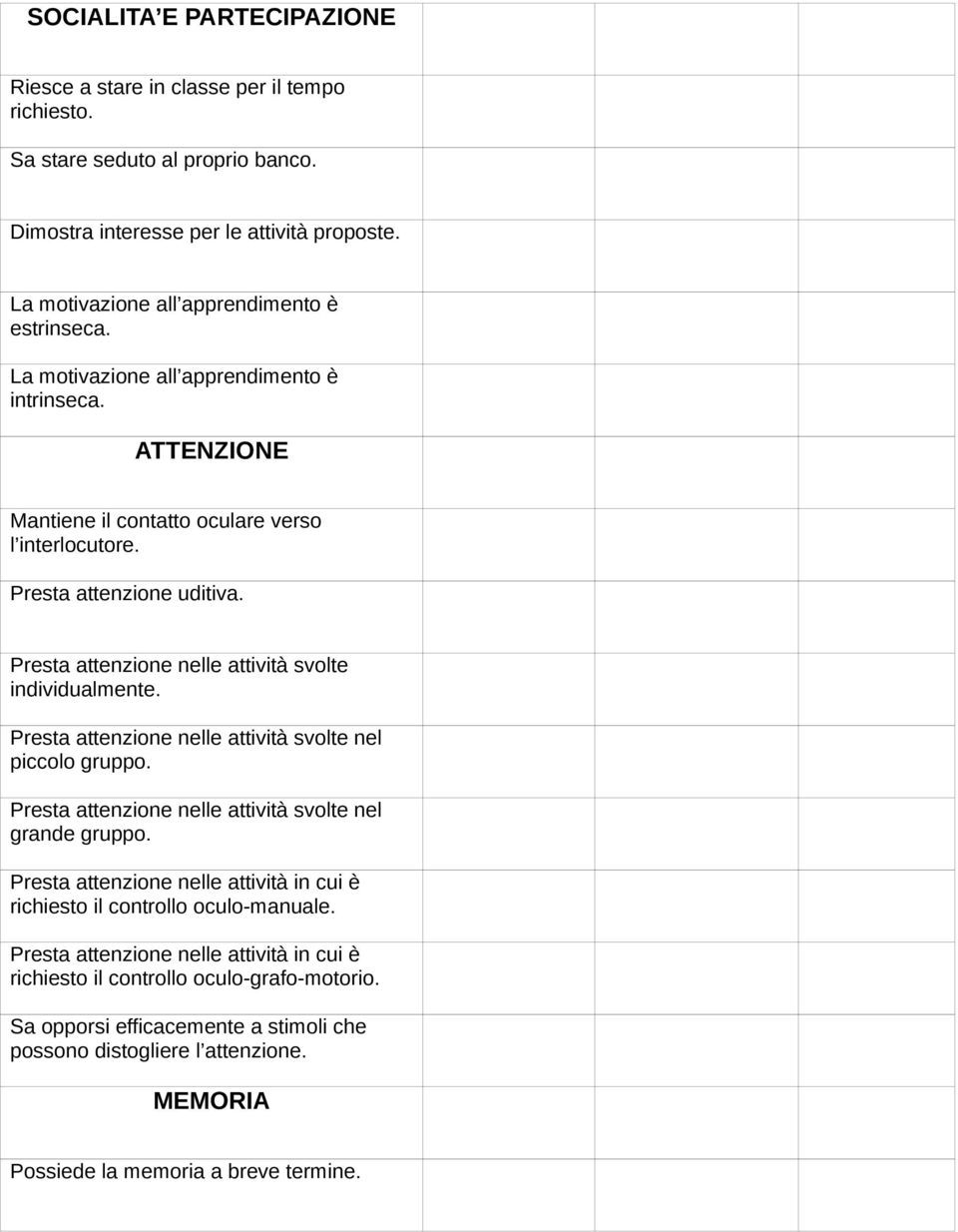 Presta attenzione nelle attività svolte individualmente. Presta attenzione nelle attività svolte nel piccolo gruppo. Presta attenzione nelle attività svolte nel grande gruppo.