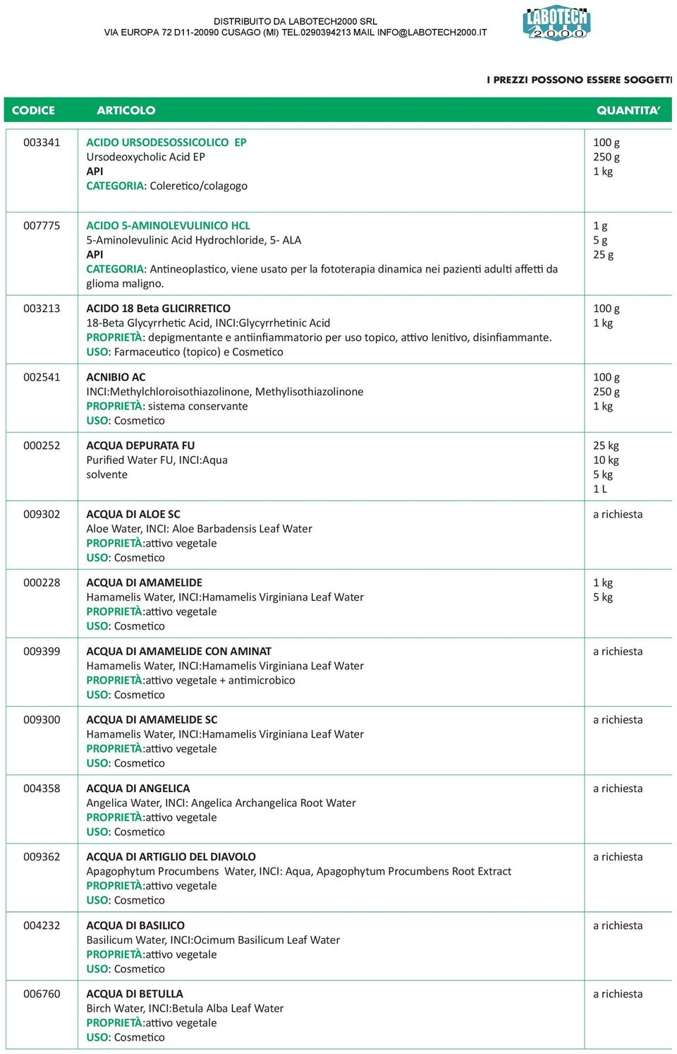 003213 ACIDO 18 Beta GLICIRRETICO 18-Beta Glycyrrhetic Acid, INCI:Glycyrrhetinic Acid PROPRIETÀ: depigmentante e antiinfiammatorio per uso topico, attivo lenitivo, disinfiammante.