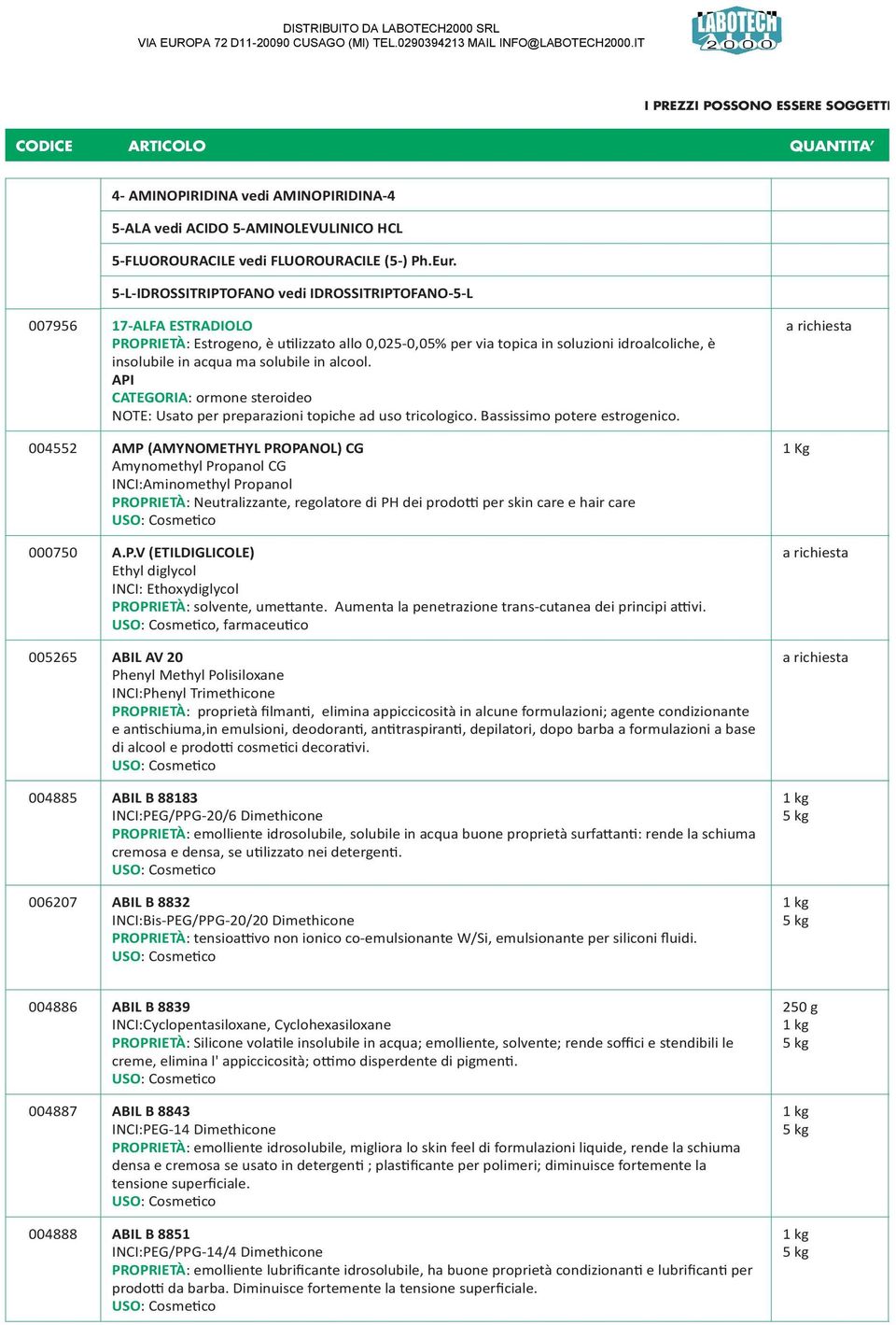 solubile in alcool. CATEGORIA: ormone steroideo NOTE: Usato per preparazioni topiche ad uso tricologico. Bassissimo potere estrogenico.