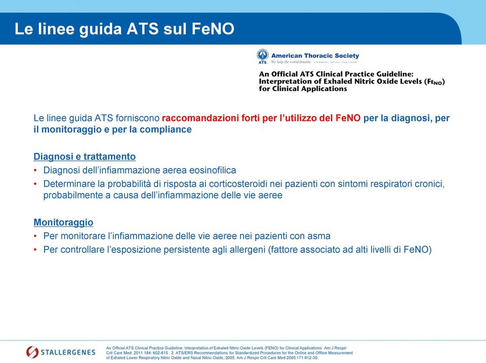 Monitoraggio Per monitorare l infiammazione delle vie aeree nei pazienti con asma Per controllare l esposizione persistente agli allergeni (fattore associato ad alti livelli di FeNO) An Official ATS