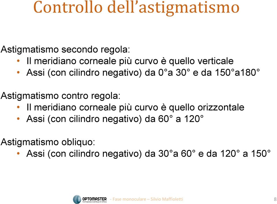 regola: Il meridiano corneale più curvo è quello orizzontale Assi (con cilindro negativo)