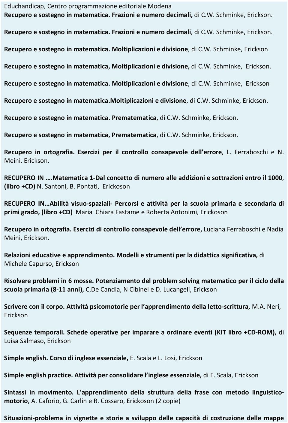 W. Schminke, Recupero e sostegno in matematica. Moltiplicazioni e divisione, di C.W. Schminke, Erickson Recupero e sostegno in matematica.moltiplicazioni e divisione, di C.W. Schminke, Recupero e sostegno in matematica. Prematematica, di C.