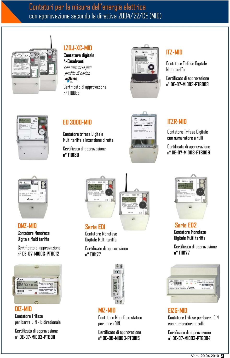 Certificato di approvazione n T10180 ITZR-MID Contatore Trifase Digitale con numeratore a rulli Certificato di approvazione n DE-07-MI003-PTB009 DMZ-MID Contatore Monofase Digitale Multi tariffa