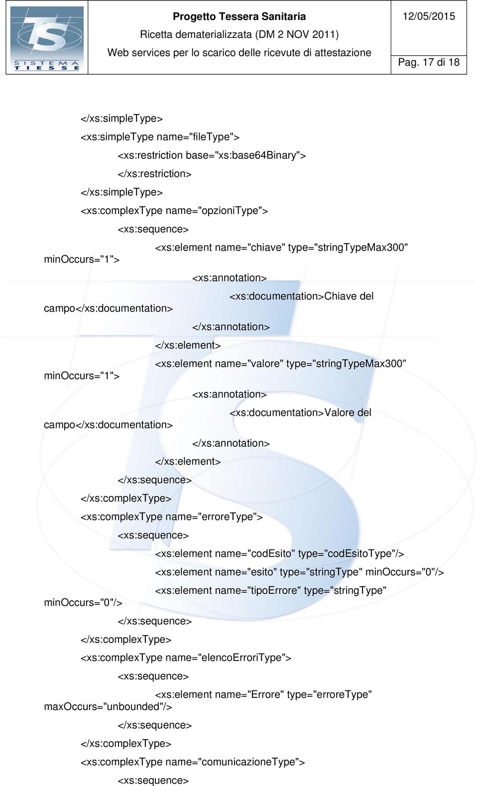 </xs:complextype> <xs:complextype name="erroretype"> <xs:sequence> name="codesito" type="codesitotype"/> name="esito" type="stringtype" minoccurs="0"/> name="tipoerrore" type="stringtype"