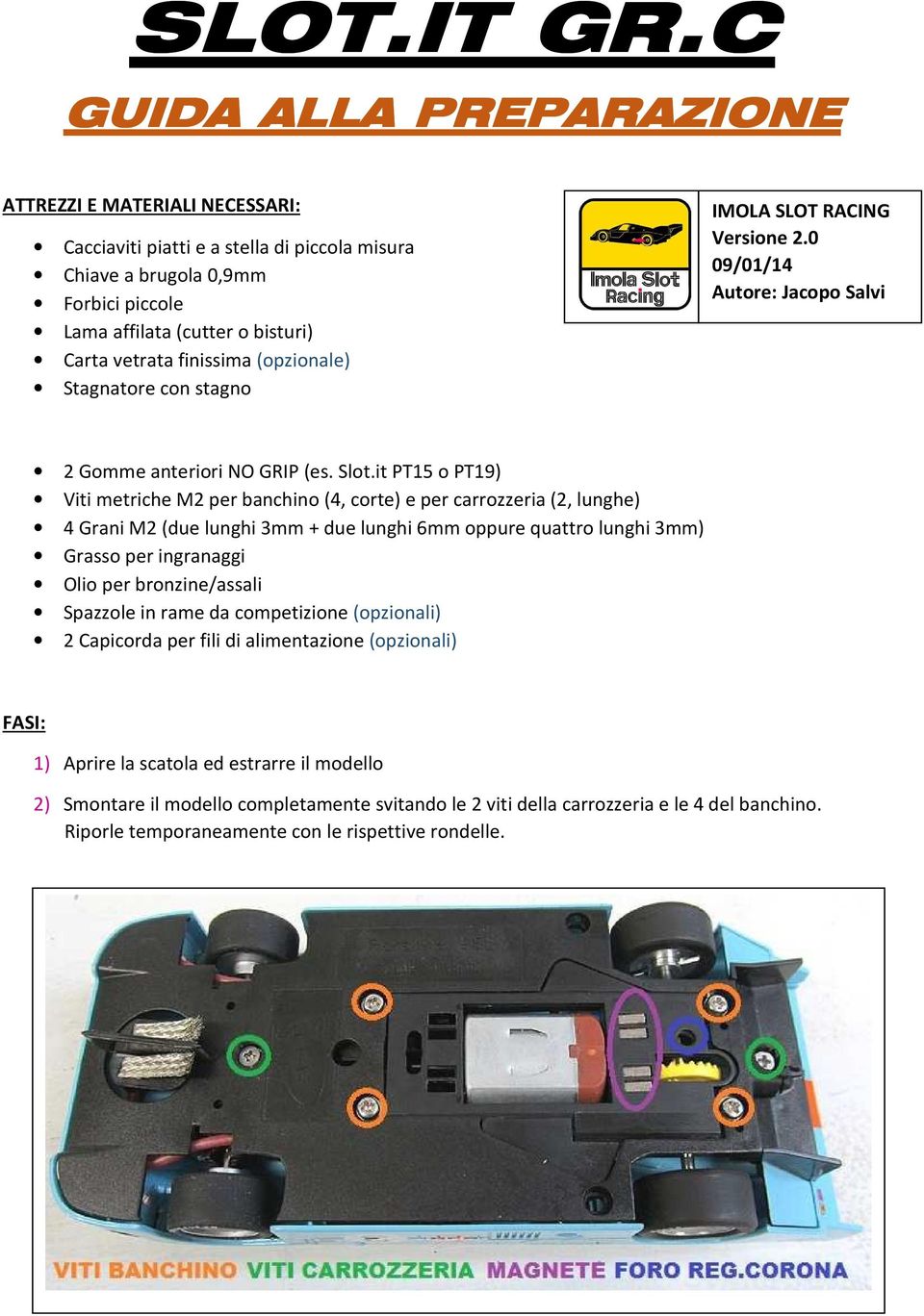 finissima (opzionale) Stagnatore con stagno IMOLA SLOT RACING Versione 2.0 09/01/14 Autore: Jacopo Salvi 2 Gomme anteriori NO GRIP (es. Slot.